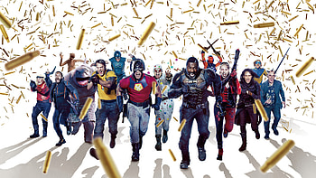 The Suicide Squad, Action-packed poster, Red and blue accents, Diverse cast HD wallpaper