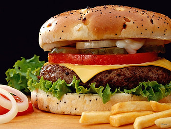 Two all beef patties, condiments, bun, lettuce, hamburger, tomato, cheese, onions, pickles, fries HD wallpaper
