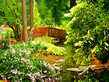 Bridge in forest, beautiful, summer, painting, green, bridge, trees, nature, flowers, forest, pond HD wallpaper