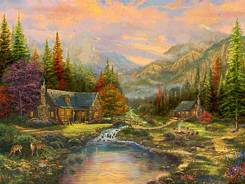 Sierra Paradise, river, artwork, painting, trees, sky, nature, cottage, mountains, sunset HD wallpaper