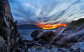 In Between, sea, island, sky, rocks, sunset HD wallpaper