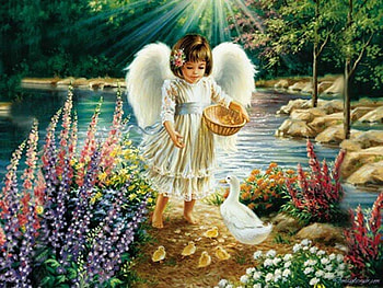 An Angels Warmth, ducks, angel, flowers, water HD wallpaper
