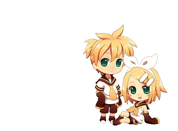 Kagamine, blond hair, blonde, rin, cute, vocaloid, chibi, vocaloids, twin, short hair, kagamine rin, , blonde hair, adorable, female, kagamine len, white, blond, len, ribbon, girl, kawaii, anime girl, simple, anime, yellow, green eyes HD wallpaper