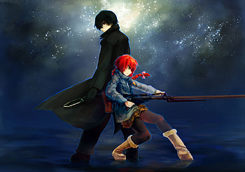 Together we fight till the end!!, night, power, sword, ugg boots, long black coat, fight, girl, lovers, jet black hair, end, boy, back up, redhead, eager, jean jacket, together HD wallpaper