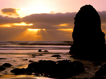 Nature, Sunset, Stones, Sea, Clouds, Waves, Lumps, Sunlight, Sun Rays, Blocks, Oregon HD wallpaper