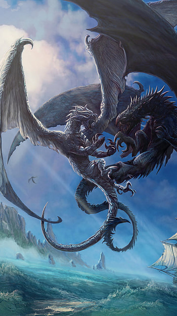 Tidal Duel: Dragons Clash Above the Ship, fight, boat, ocean, wave, fantasy, dragon, Ocean Waves HD phone wallpaper