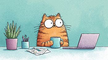 Cartoon Cat at Desk, Animal, cat, laptop, coffee, desk HD wallpaper