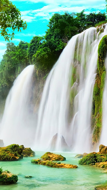 Immersive experience, Ultra , Captivating waterfall, Tranquil setting HD phone wallpaper