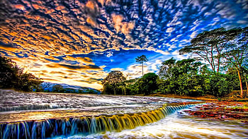 Colorful Waterfall, clouds, trees, waterfall, sky, nature HD wallpaper