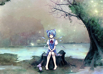 Cirno, touhou, anime girl, sit, outdoor HD wallpaper