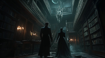 Enigmatic Shadows: Dark Academia Ultra, dark academia, library, victorian, shadow, stairs HD wallpaper