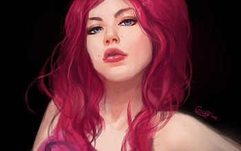 Portrait, black, blue eyes, art, girl, woman, pink, fantasy, hair HD wallpaper