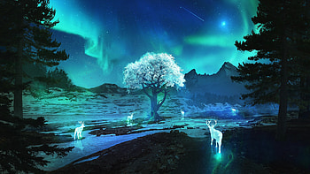 Aurora Grove — Ethereal Deer & Moonlit Tree ( Quad ), fantasy, deer, tree, landscape, artistic, fantasy landscape HD wallpaper