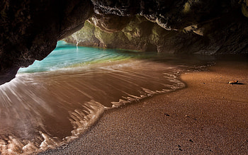 Cave, sea, summer, sand, water, beach HD wallpaper