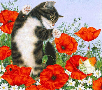 By Anne Mortimer, animal, kitten, anne mortimer, painting, art, flower, cat HD wallpaper