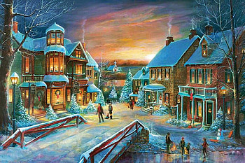 Christmas Time, snow, bridge, sky, houses, people, sunset, village, river, painting, peopleartwork HD wallpaper