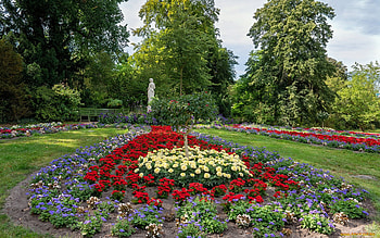 Flowers in Park, bench, sculpture, flowers, park HD wallpaper