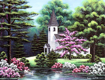 Peaceful Reflection, artwork, swans, blossoms, trees, flowers, church, pond HD wallpaper
