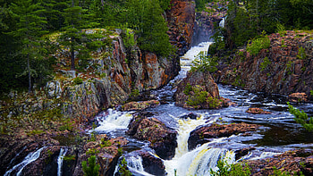 Aubrey Falls, Ontario, trees, river, canada, rocks HD wallpaper