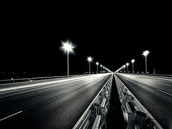 Street Lights, street, highway, black and white HD wallpaper
