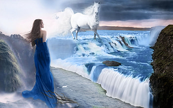 fantasy, waterfall, horse, girl HD wallpaper