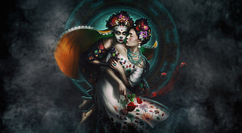 Santa Muerte, catrina, art, skull, girl, katie watersell, halloween, fantasy, couple, luminos, dia de los muertos HD wallpaper