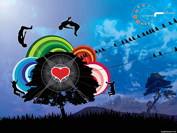 Having Fun, art, people, tree, field, clouds, vector, sky, jump, silhouette HD wallpaper