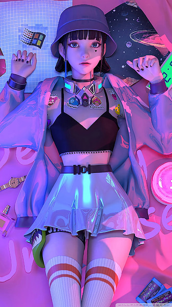 Anime chick, head, magenta HD phone wallpaper