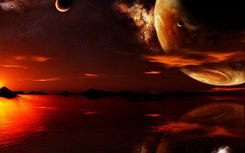Red planet, moon, sky, lake, sunset, fantasy, . HD wallpaper