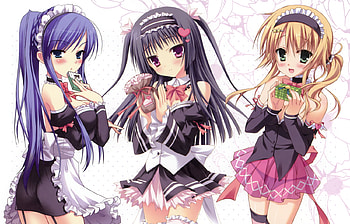 Anime, skirt, uniform, long hair, food, ponytail, girls, friends, together HD wallpaper