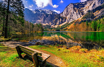 Autumn in mountains, bench, fall, colors, beautiful, rocks, serenity, tranquil, mountain, lake, rest, reflection, cliffs, trees, autumn HD wallpaper