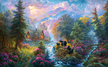 Spring at Rainbow Falls, artwork, bears, river, painting, trees, cottage, forest, rocks HD wallpaper