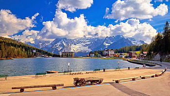 Lake Misurina in Dolomiti Alps, louds, trees, italy, sky HD wallpaper