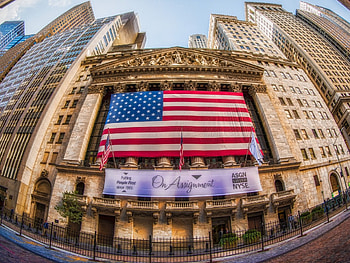 flag on ny stock exchange in fisheye r, city, r, flag, stock exchange, fisheye HD wallpaper