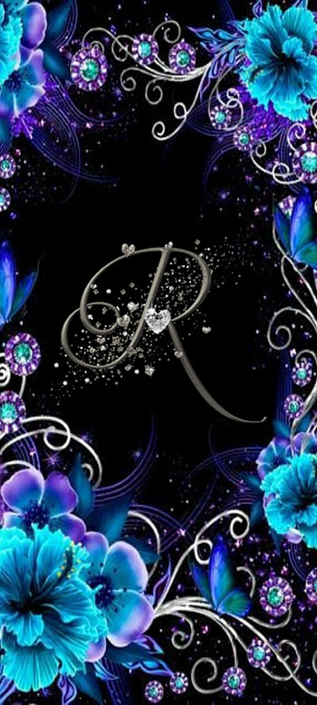 Letter R, flowers, blue, black, hearts, purple, silver, cute HD phone wallpaper