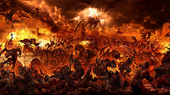 epic battle, flames, dark, death, artistic, drawing, red, fantsy, fire, warriors HD wallpaper
