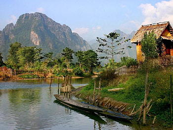 Nature, Mountains, Shore, Bank, Vegetation, Small House, Lodge, Boat, Canoe HD wallpaper