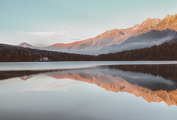 Red Mountains Fog Reflection Lake , reflection, lake, mountains, fog, nature HD wallpaper