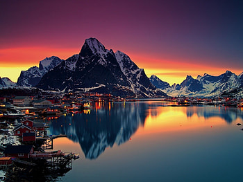 Lofoten Island,Norway, island, sea, reine, houses, mountain, reflection, snow, lights, nature, water, sunset HD wallpaper