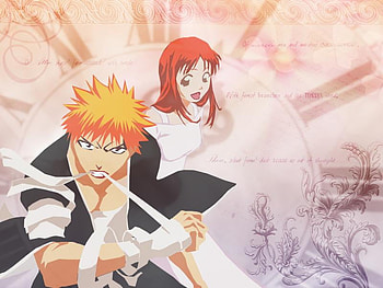 Orihime and Ichigo, girl, pink, anime, boy HD wallpaper