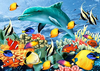 By Howard Robinson, sea, animal, painting, art, underwater, howard robinson, fish, dolphin HD wallpaper