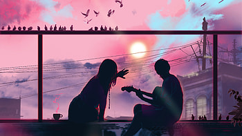 Girl Listening Boy Playing Guitar Watching Sunshine , love, couple, artist, artwork, digital-art, artstation HD wallpaper