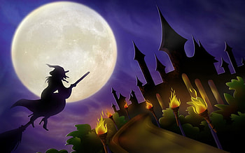 Witchy Woman, night, full moon, pathway, flaming torches, witch riding broom, castle HD wallpaper