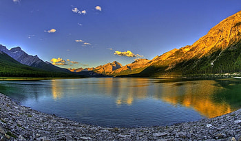 dawn on the lake, dawn, mountains, stones, lake HD wallpaper