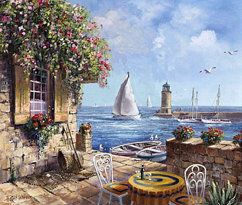 Seaside, sea, table, nature, terrace HD wallpaper