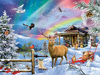 Winter in the Mountains, artwork, birds, deer, fence, snow, colors, trees, cabin, painting HD wallpaper