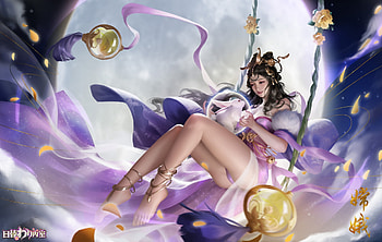 Chang'e, luna, chang e, girl, goddess, white, change, purple, bunny, moon, fantasy, yellow, sccccc HD wallpaper