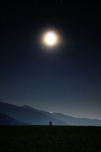 Sky, Stars, Night, Dark, Silhouette, Field, Human, Person HD phone wallpaper