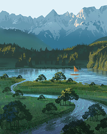 Nature, Rivers, Art, Mountains, Boat HD phone wallpaper