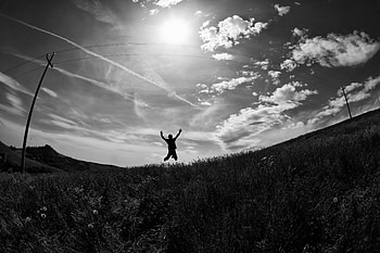 dom, Sky, Silhouette, Field, Bw, Chb, Bounce, Jump HD wallpaper